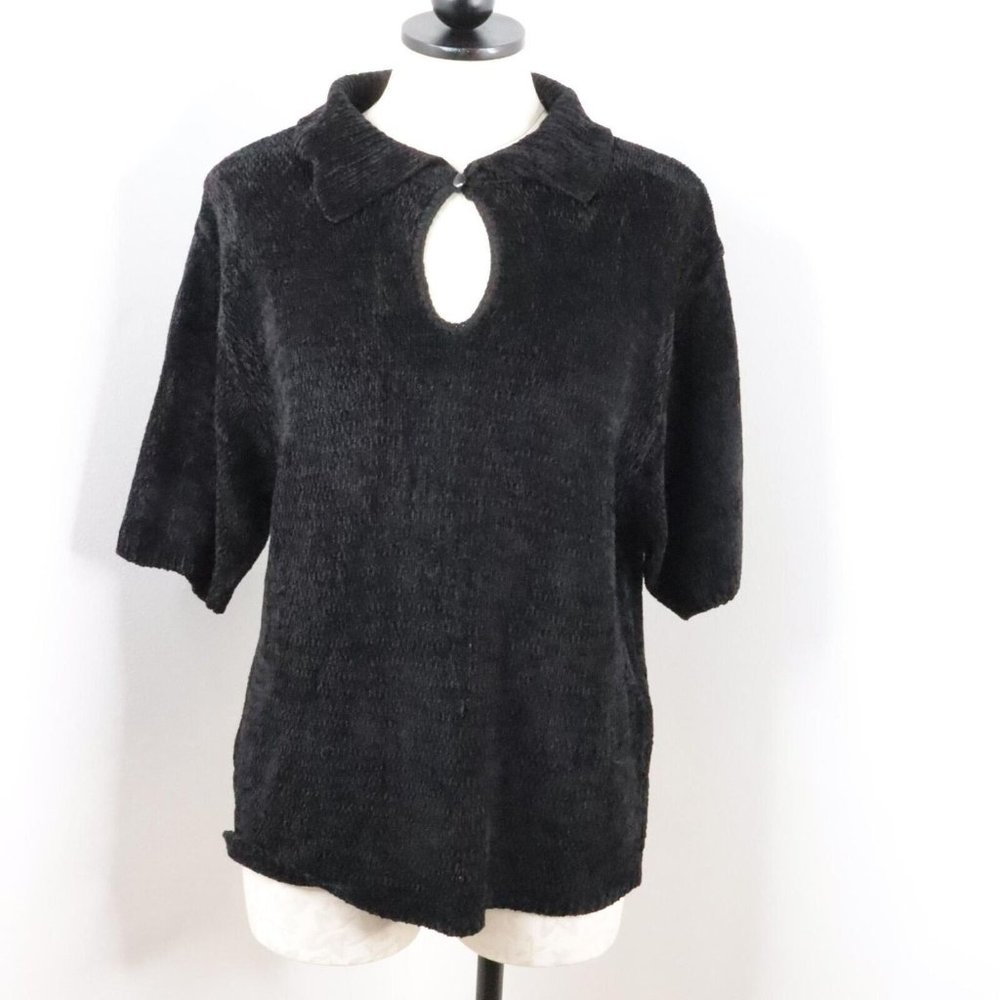 New Croft & Barrow Women's L Black Keyhole Short Sleeve Knit Sweater Top